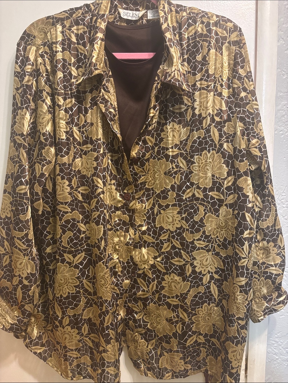 Selene Sport Brown Shirt with Gold Floral Print